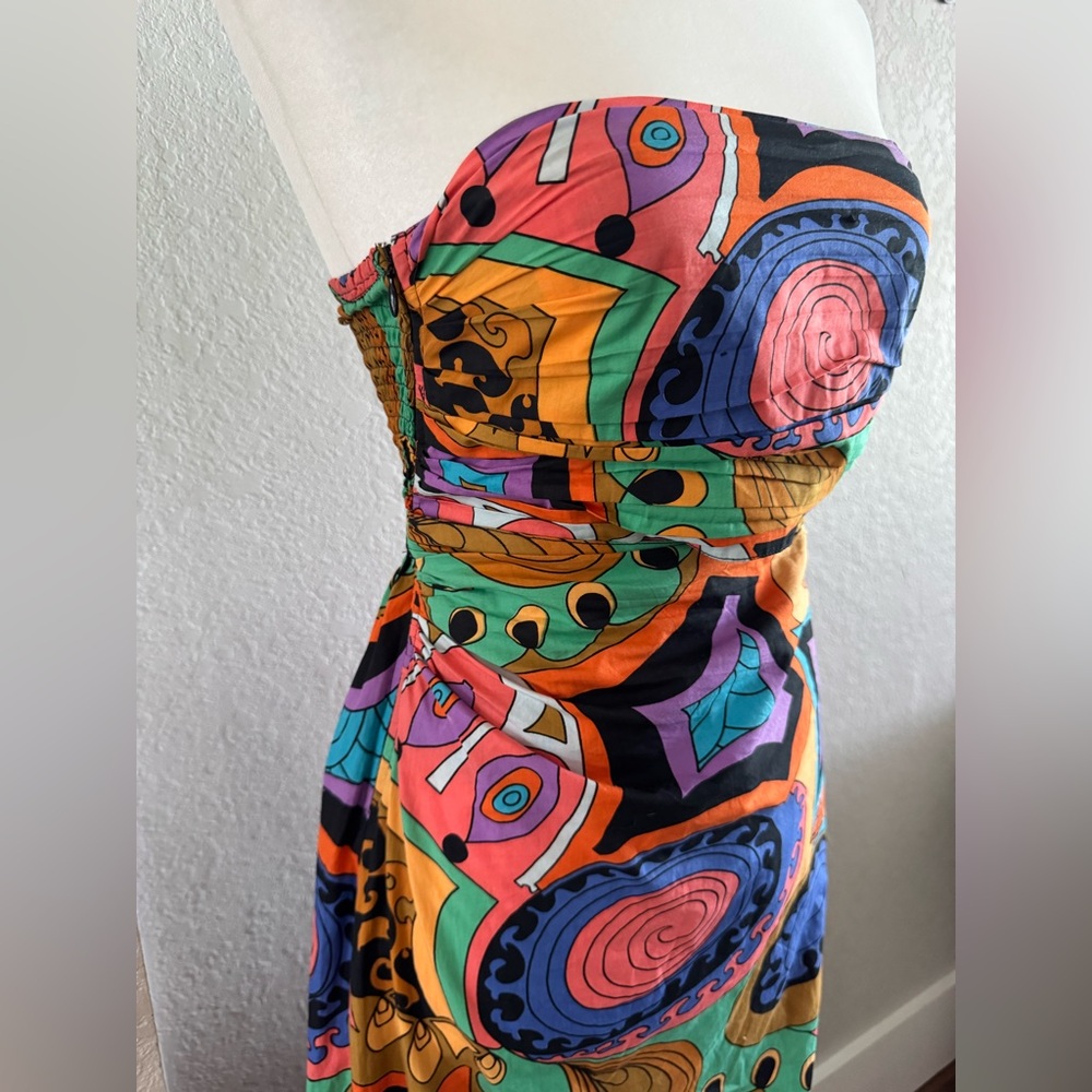SWF Murano Asymmetrical strapless Cut Out retro printed Maxi Dress Size XS - Picture 4 of 9
